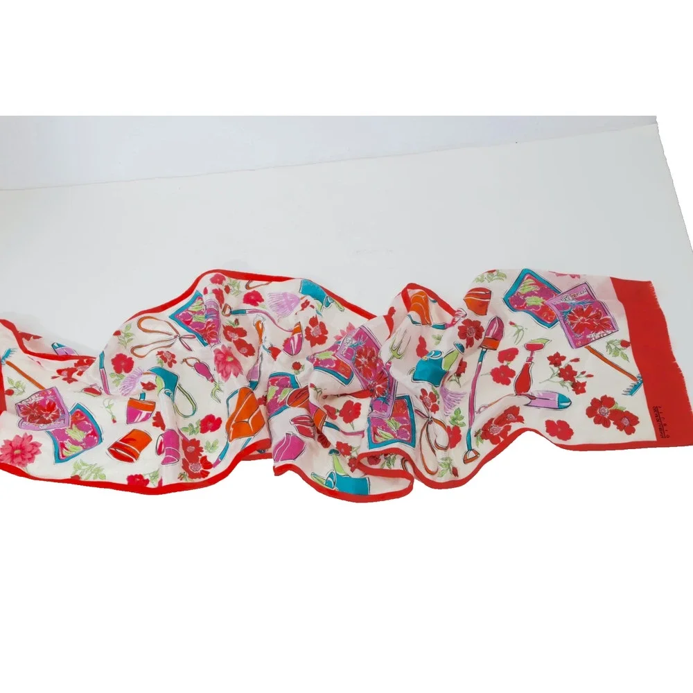 Vintage Oscar De La Renta Garden Tool Floral Silk Scarf Red White Long 51x10